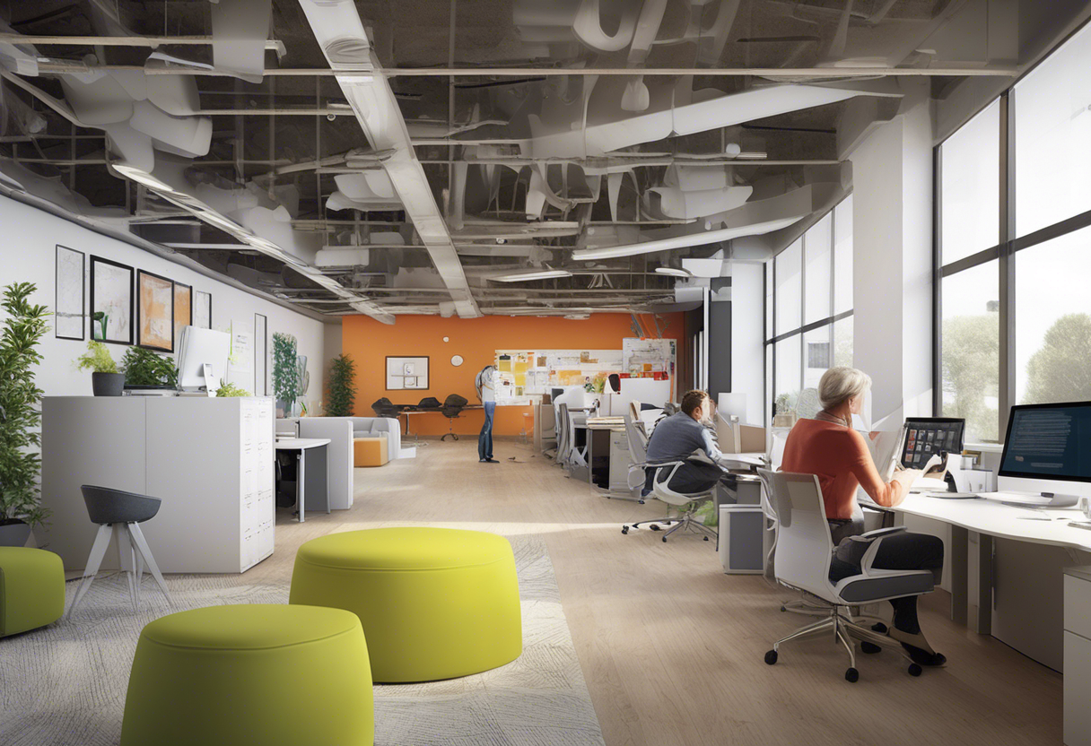 Modern workplaces accommodate multiple generations, fostering understanding and respect for diverse values and work styles through open layouts that encourage dialogue and innovation